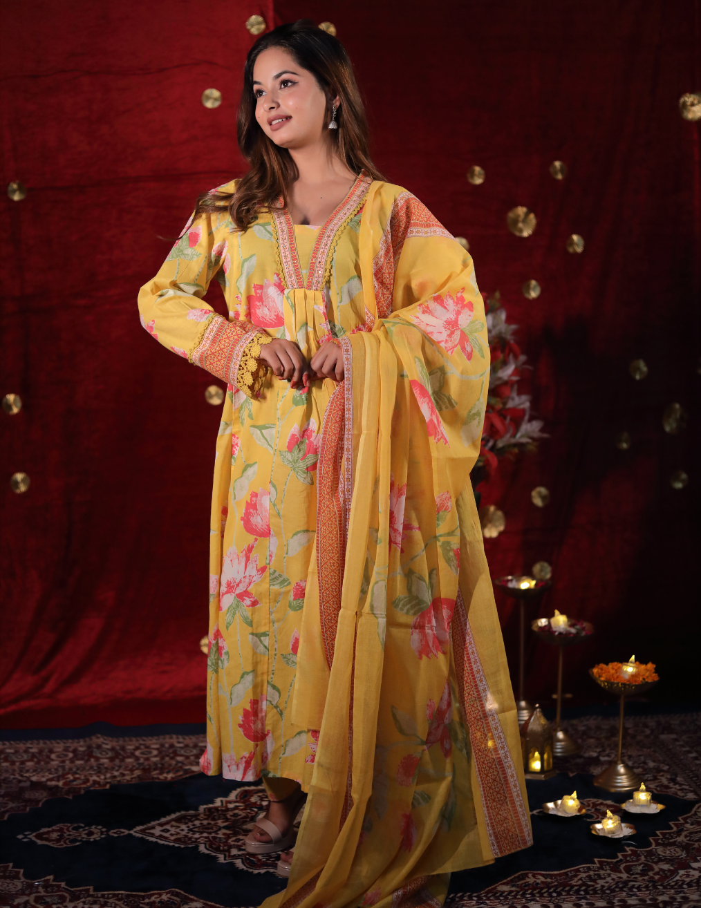 YELLOW FLORAL KURTA  SUIT SET