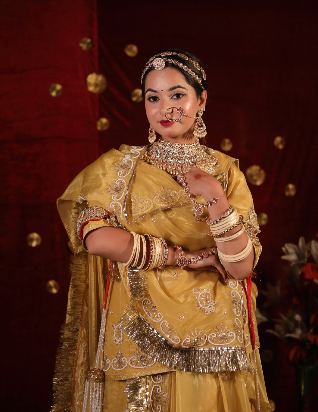 Ranisa Space silk tissue in yellow golden ,handwork poshak with space silk tissue odhana.