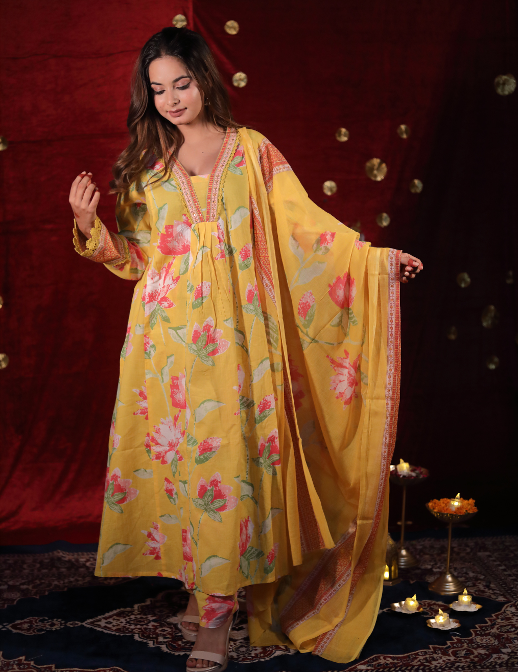 YELLOW FLORAL KURTA  SUIT SET