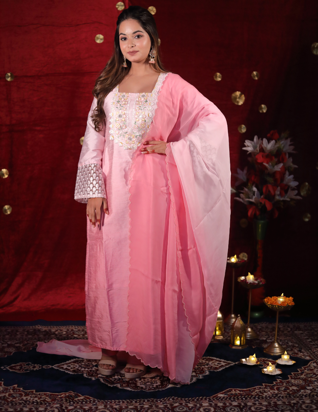 GULAB Peach dual shade rose slik suit set