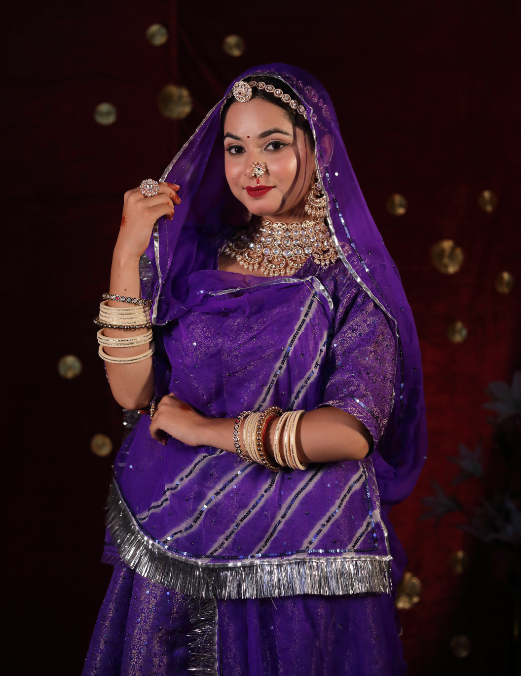 Lehr Banarasi silk in midnight purple ,handwork poshak with lehriya pure odhana.