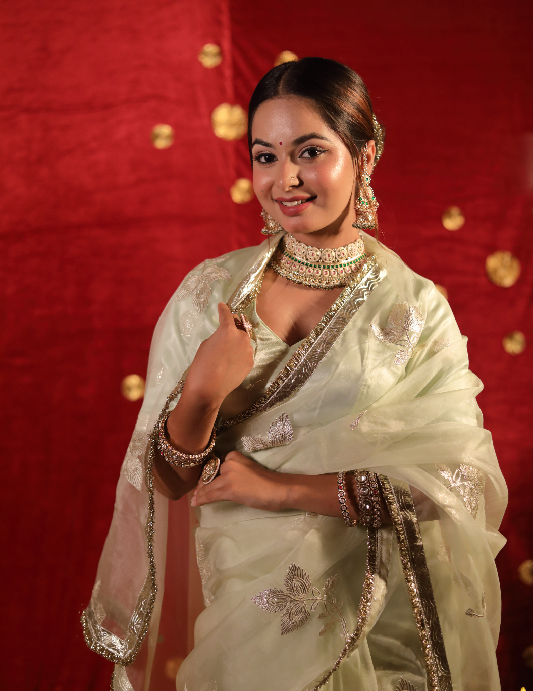 CHAND Soft organza in pastel green, handwork Saree.