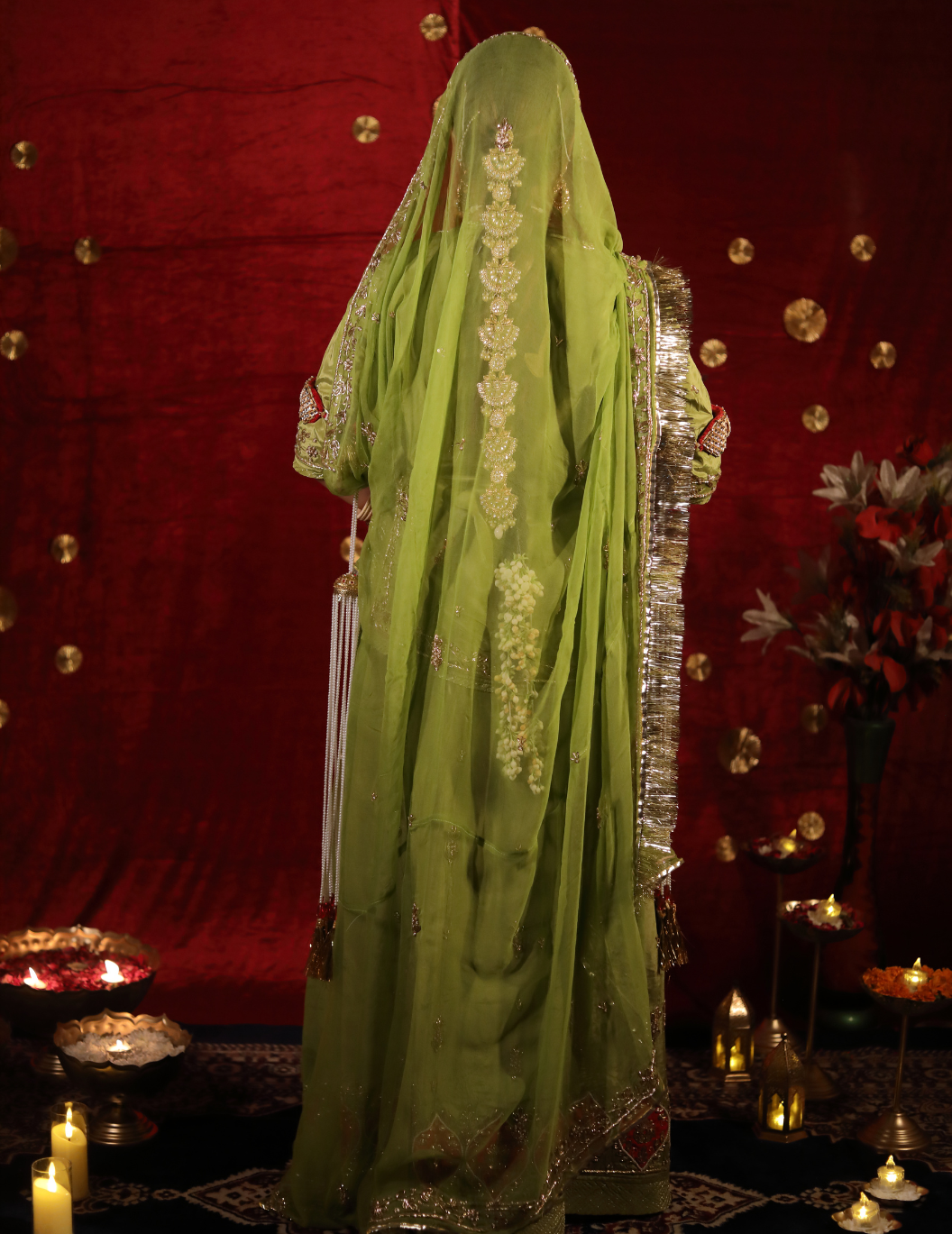 Chaap Natural crepe in pista green , handwork poshak with pure odhana.