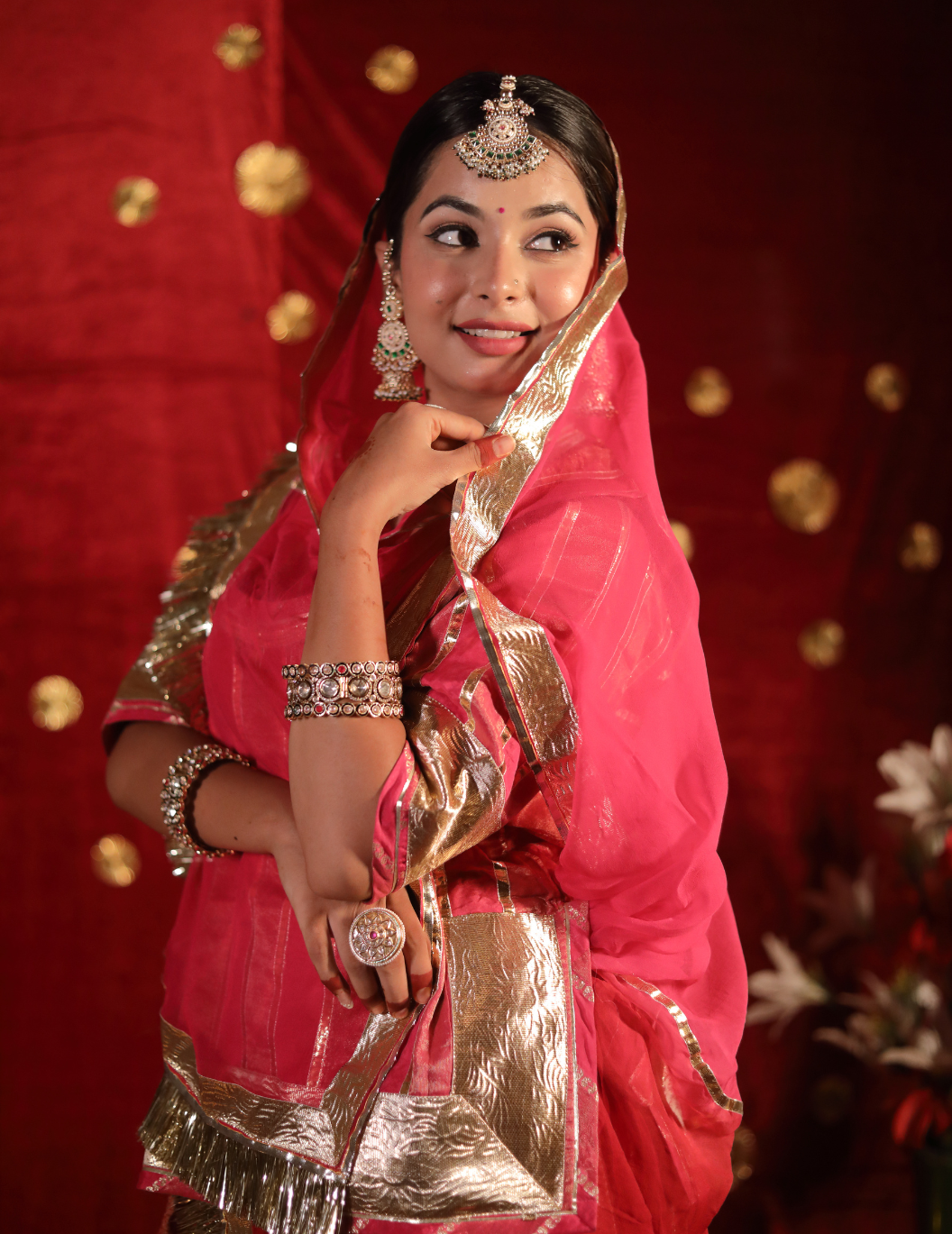 SAAJ Silk lining tissue in red and pink shade ,handwork poshak with shaded pure odhana.