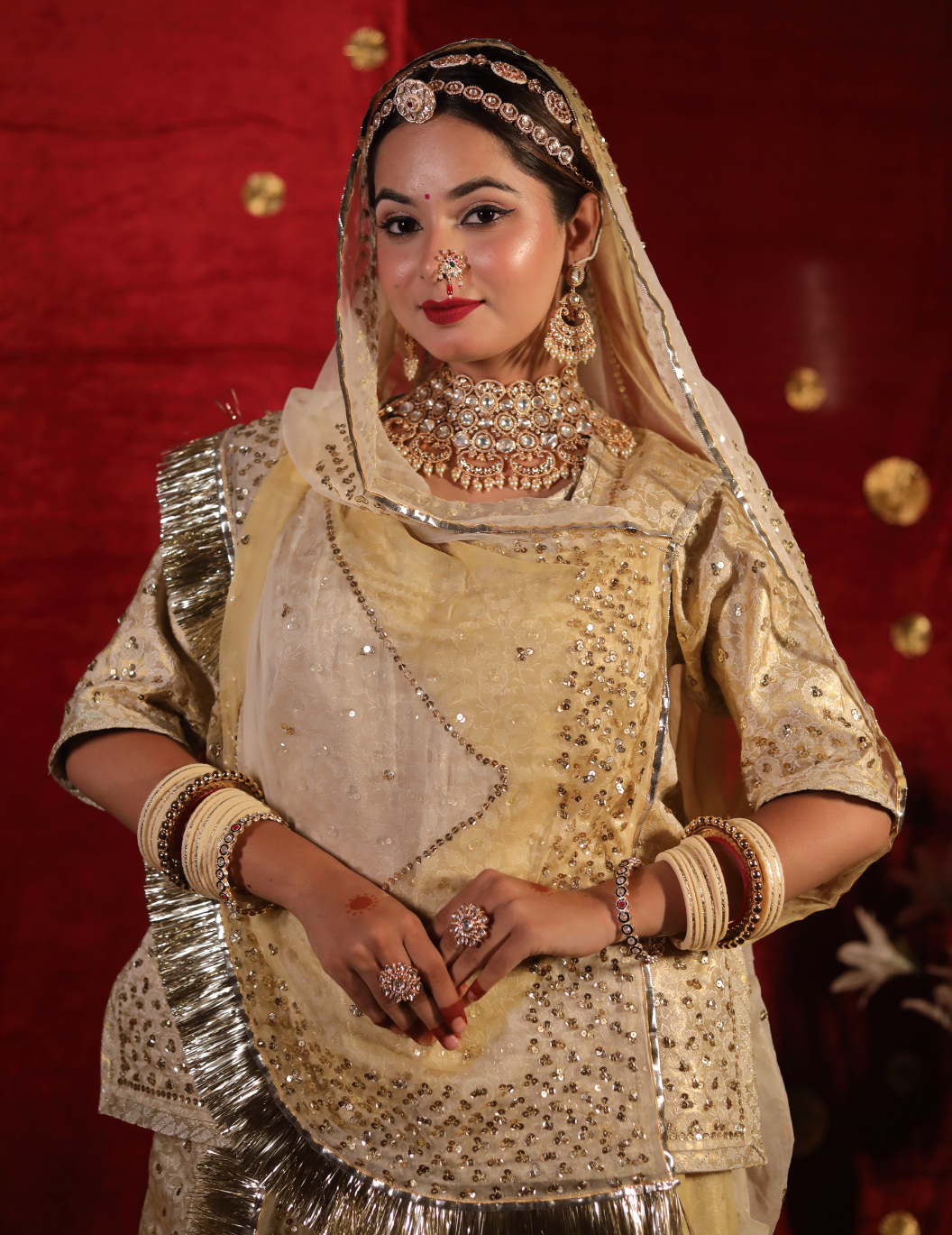 Sunehri Banarasi silk off white in golden touch,handwork Poshak with shaded pure odhana.