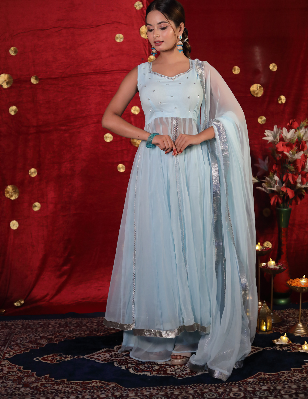 RAANJH Light skyblue Anarkali Sharara suit