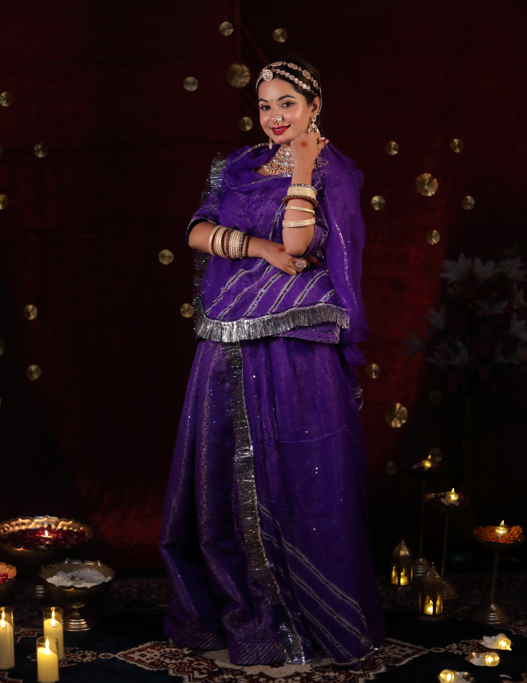 Lehr Banarasi silk in midnight purple ,handwork poshak with lehriya pure odhana.
