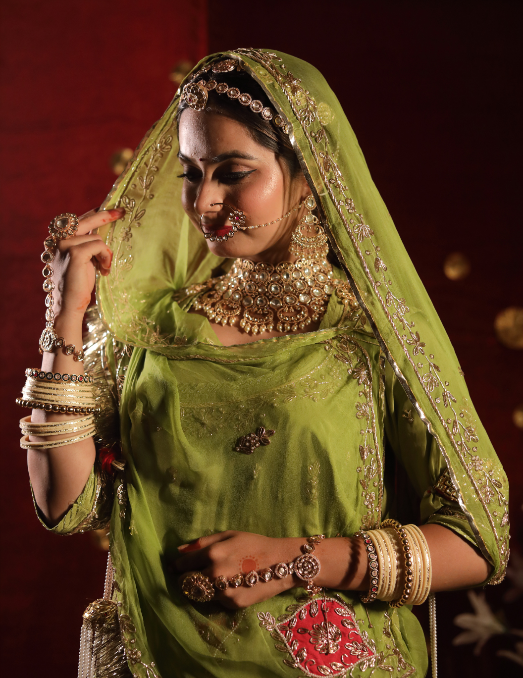 Chaap Natural crepe in pista green , handwork poshak with pure odhana.