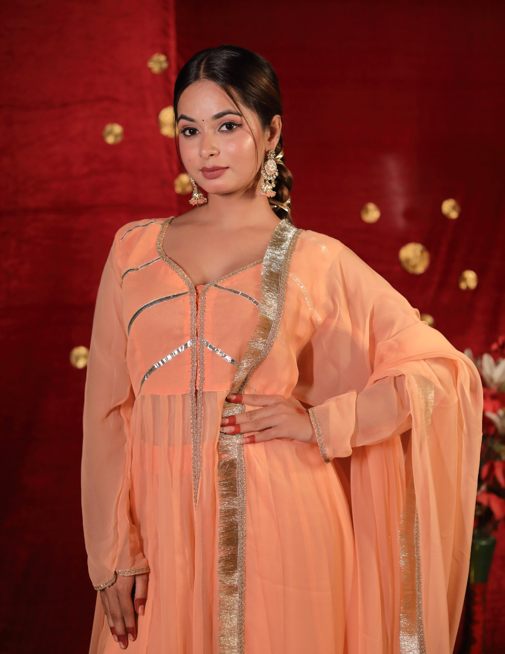 HEER Peach Anarkali Sharara suit.