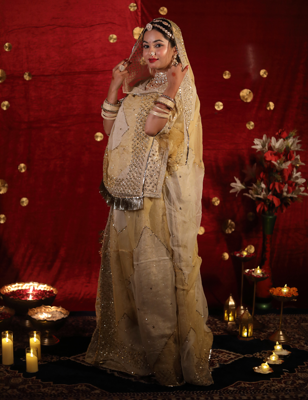 Sunehri Banarasi silk off white in golden touch,handwork Poshak with shaded pure odhana.