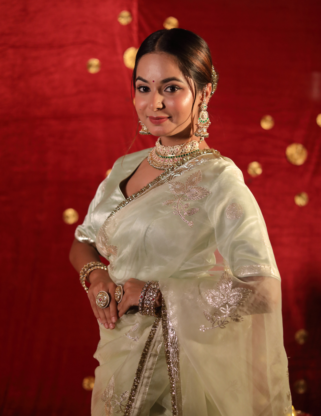 CHAND Soft organza in pastel green, handwork Saree.