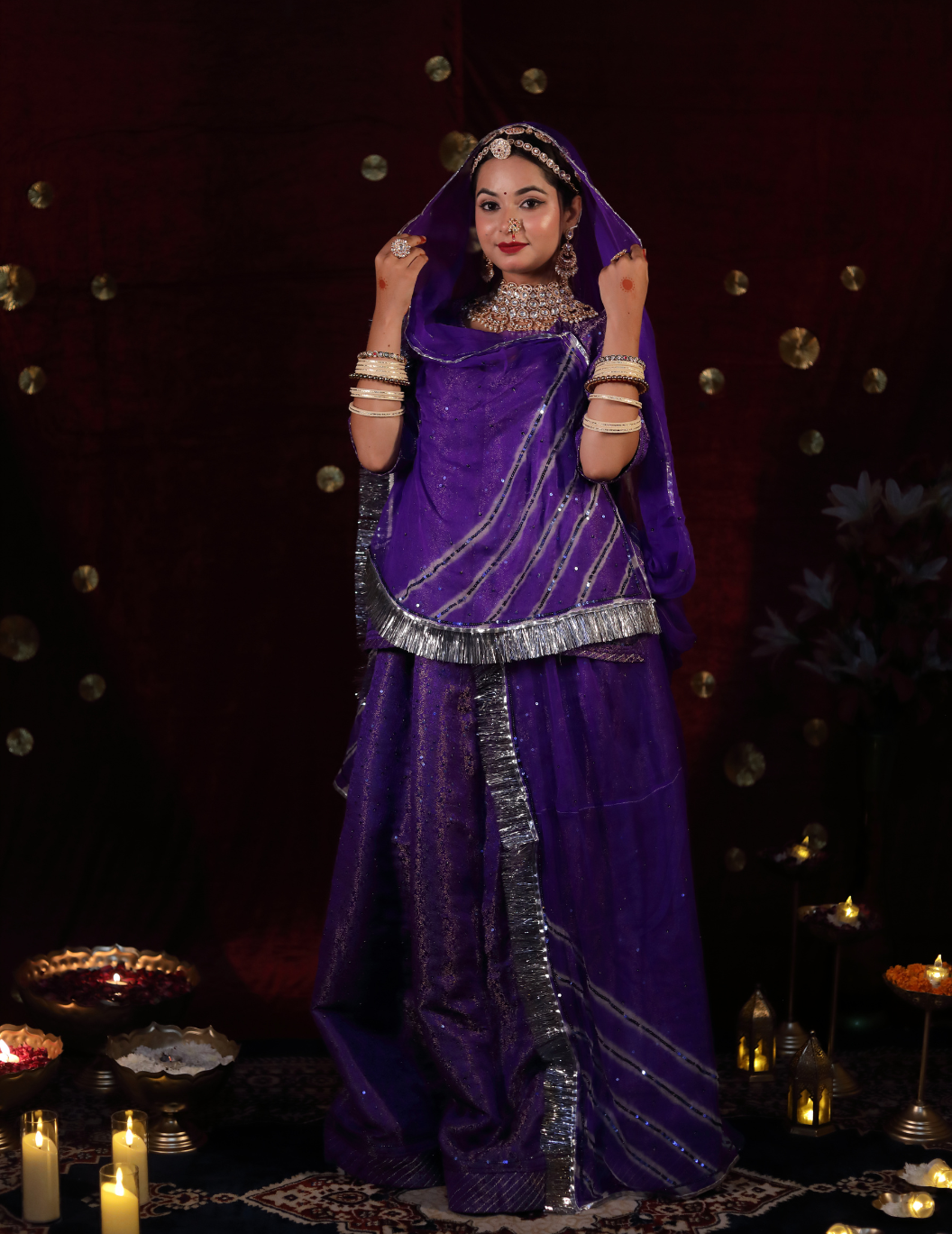 Lehr Banarasi silk in midnight purple ,handwork poshak with lehriya pure odhana.