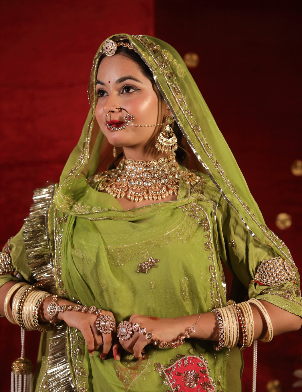 Chaap Natural crepe in pista green , handwork poshak with pure odhana.