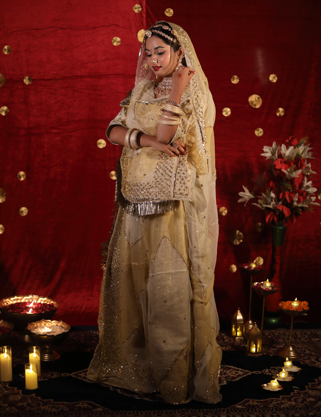 Sunehri Banarasi silk off white in golden touch,handwork Poshak with shaded pure odhana.