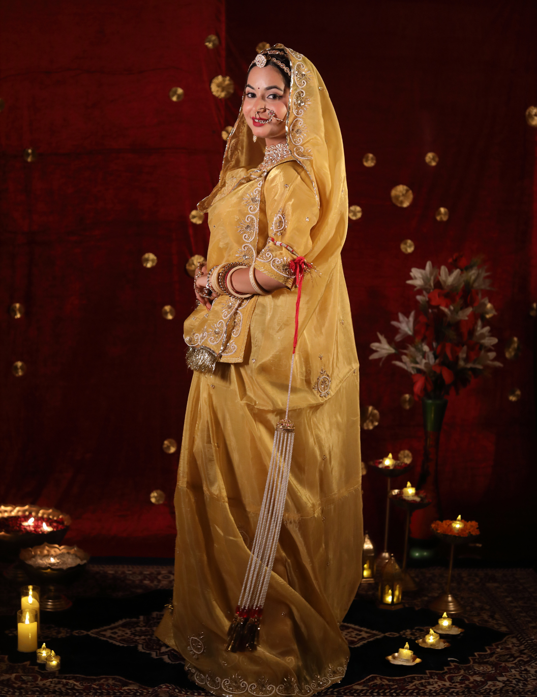 Ranisa Space silk tissue in yellow golden ,handwork poshak with space silk tissue odhana.