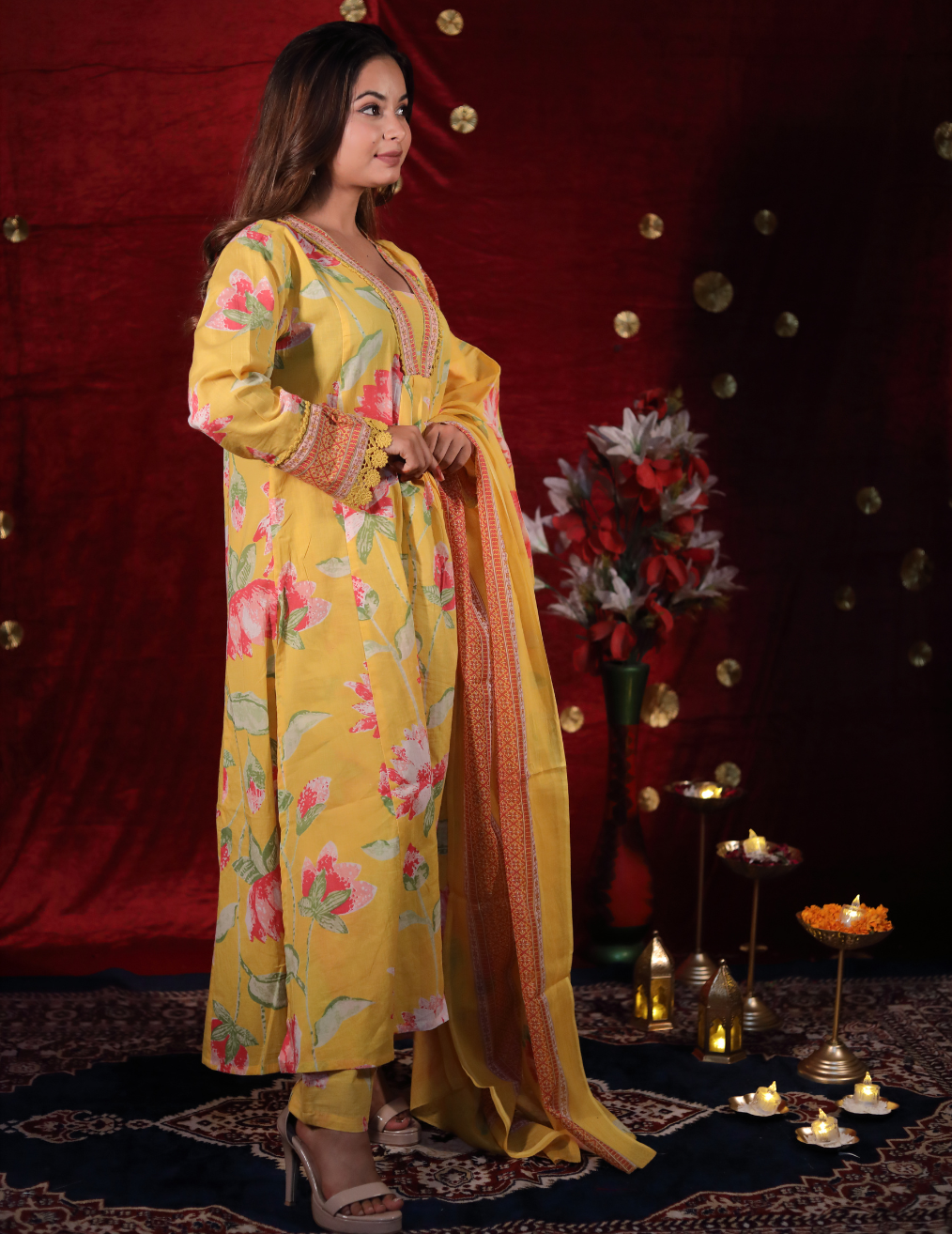 YELLOW FLORAL KURTA  SUIT SET