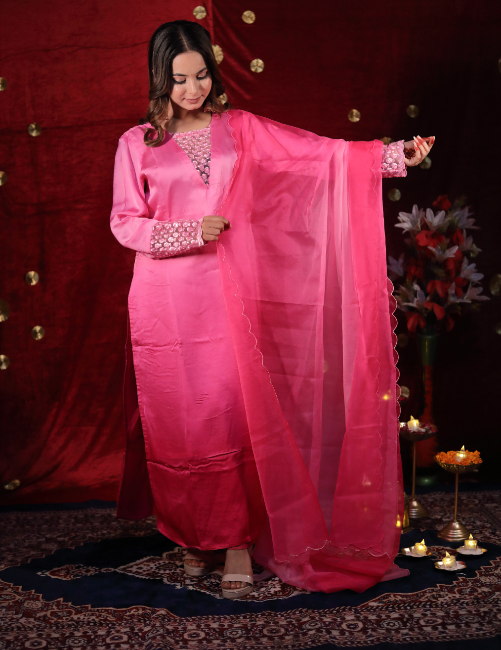 NAZAKAT Pink dual shade bamber satin suit set.