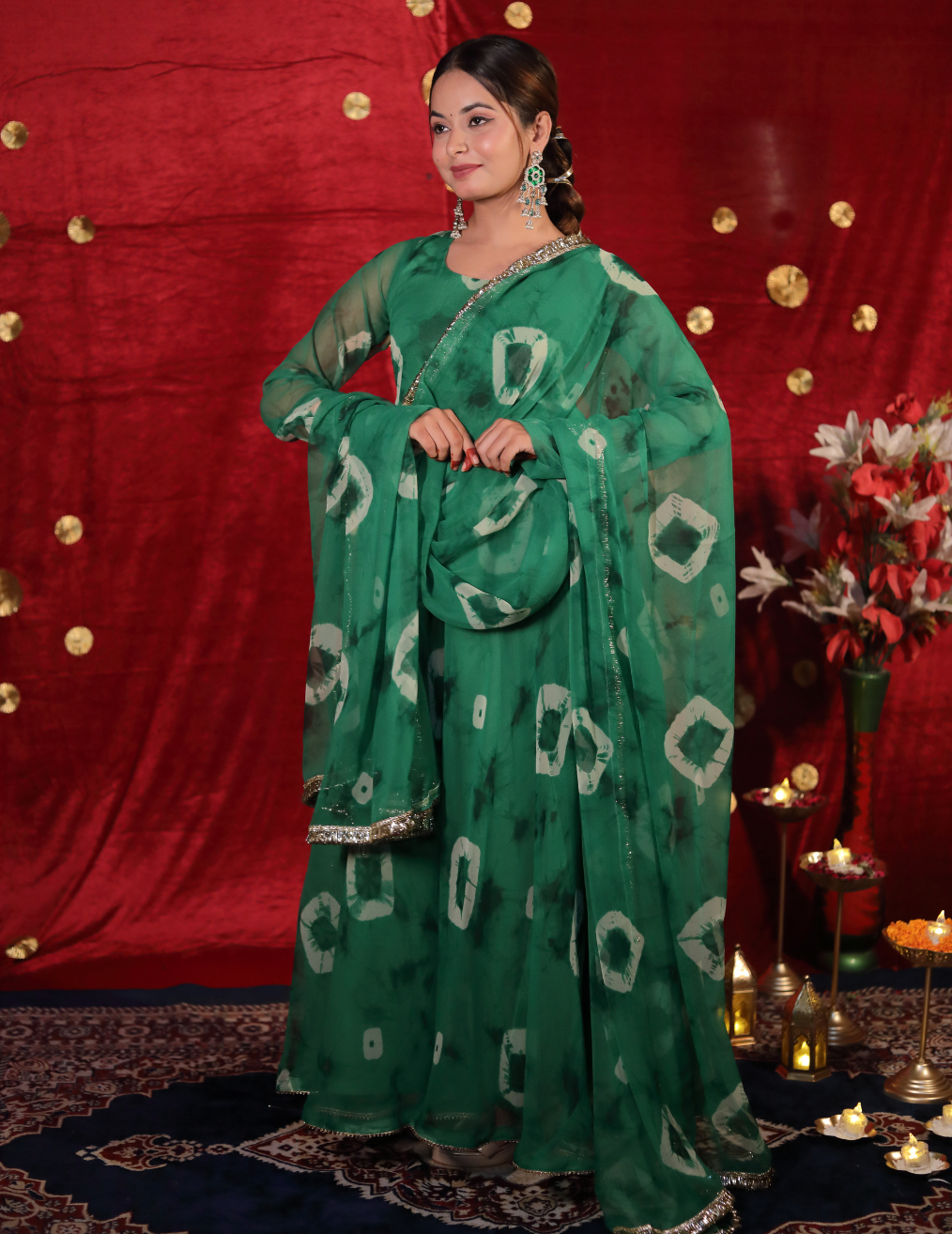 SHUBH Green georgette Umbrella cut suit
