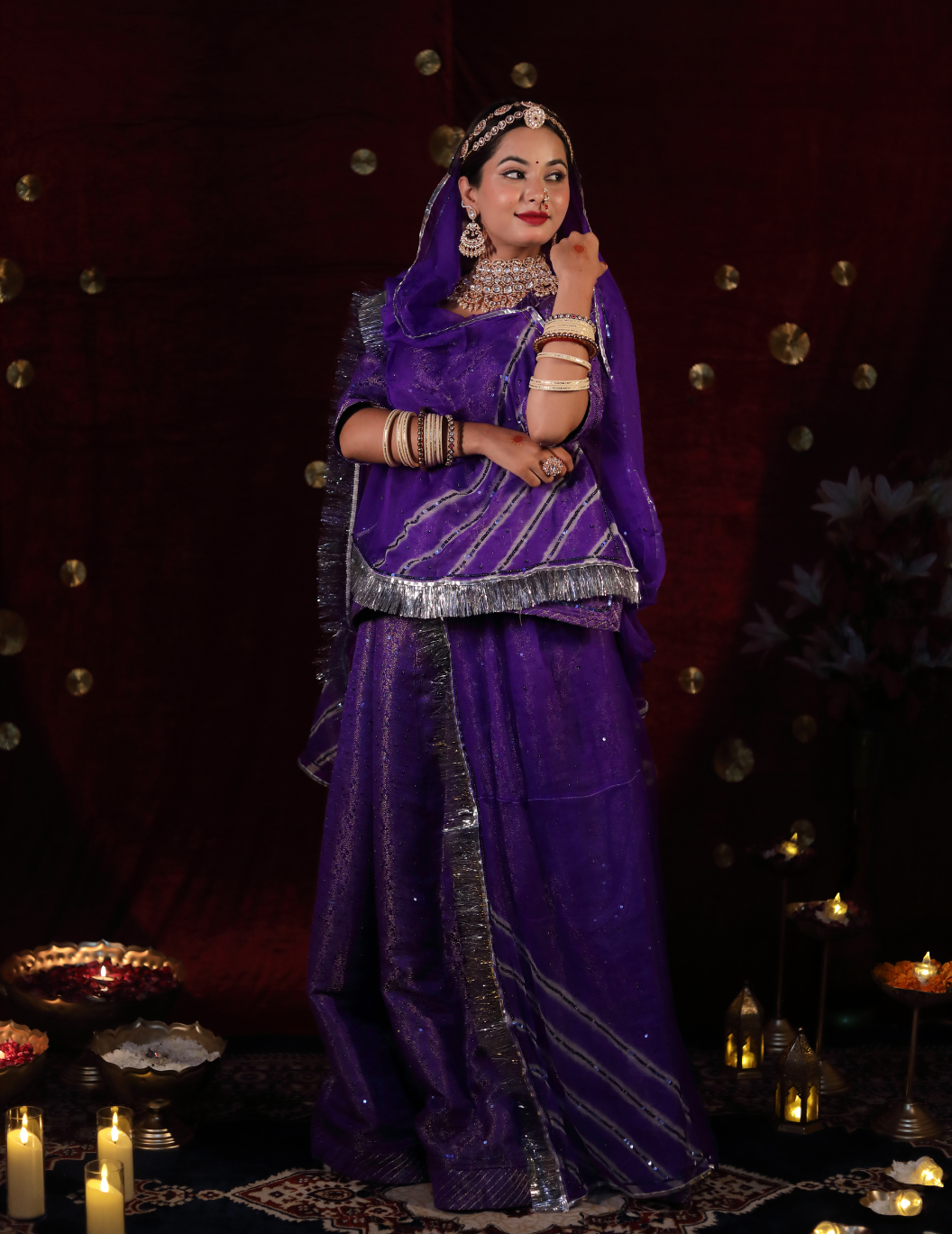 Lehr Banarasi silk in midnight purple ,handwork poshak with lehriya pure odhana.
