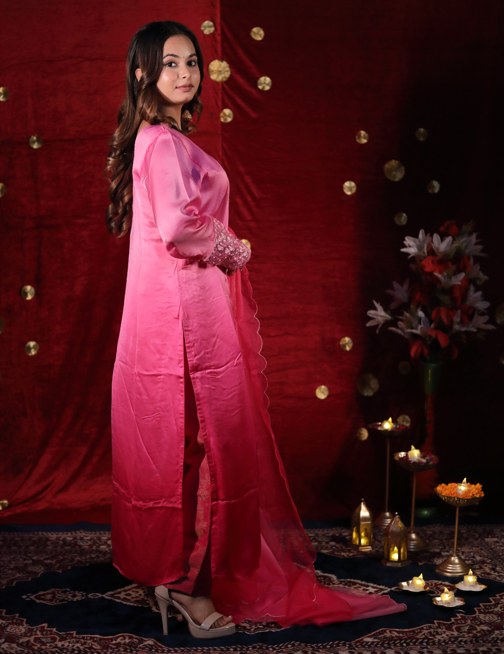 NAZAKAT Pink dual shade bamber satin suit set.