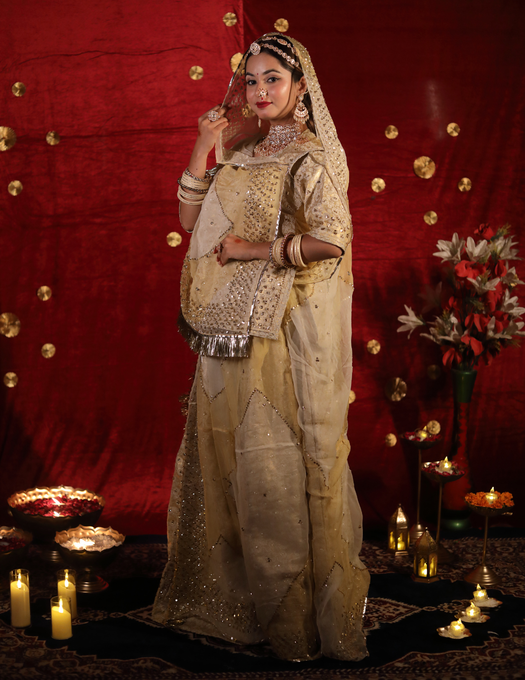 Sunehri Banarasi silk off white in golden touch,handwork Poshak with shaded pure odhana.