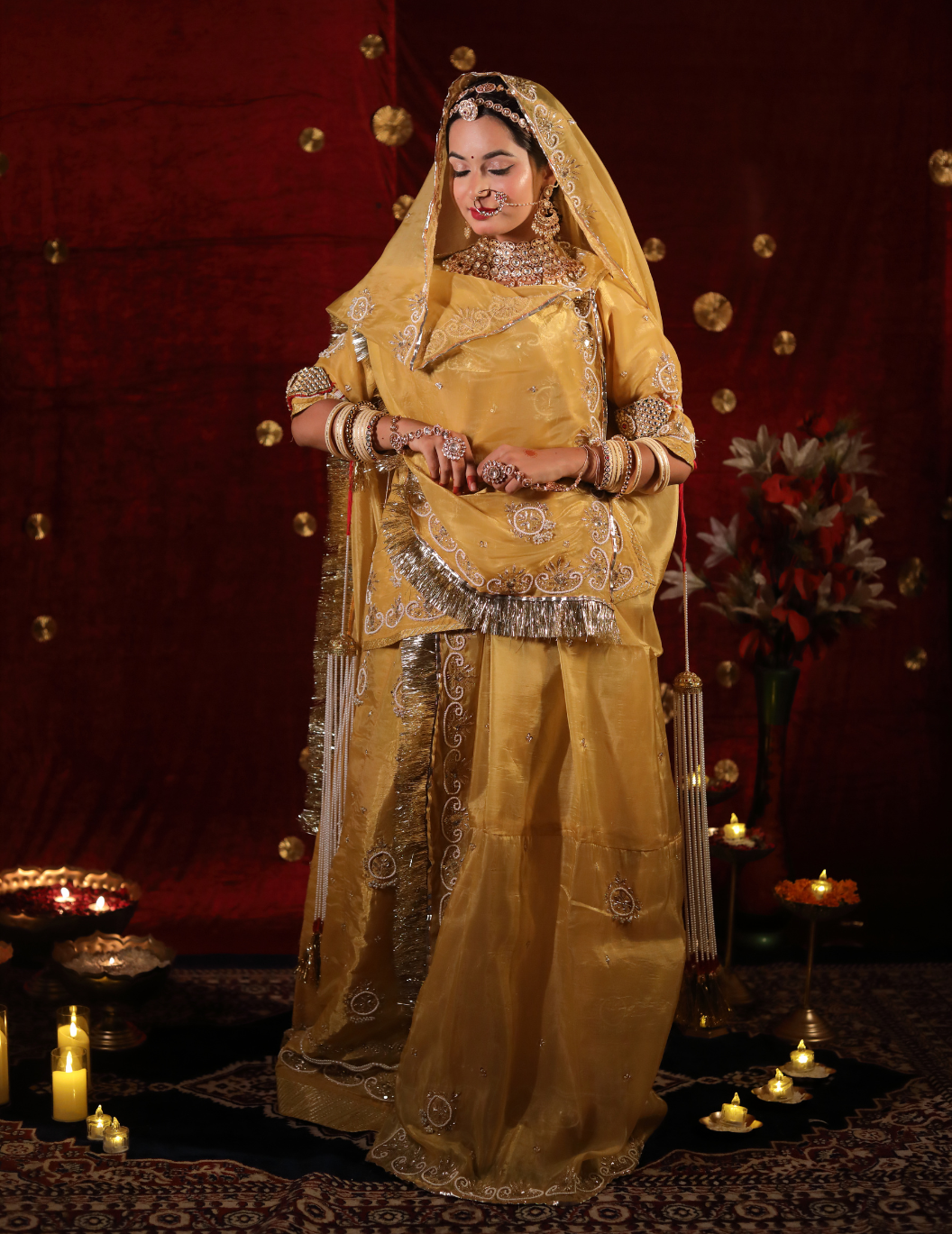 Ranisa Space silk tissue in yellow golden ,handwork poshak with space silk tissue odhana.