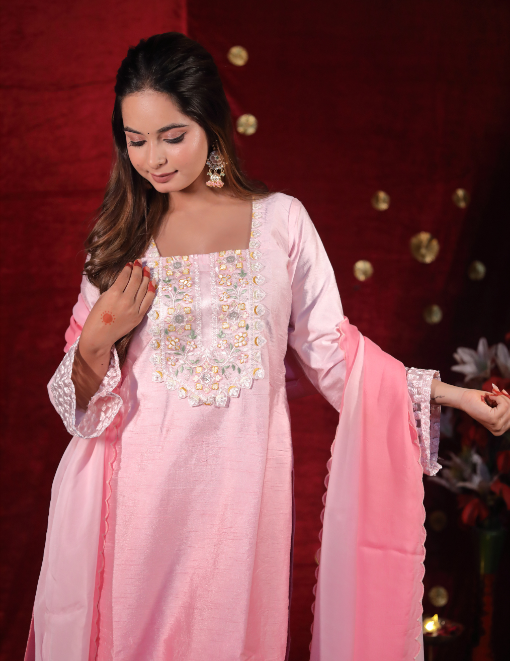 GULAB Peach dual shade rose slik suit set