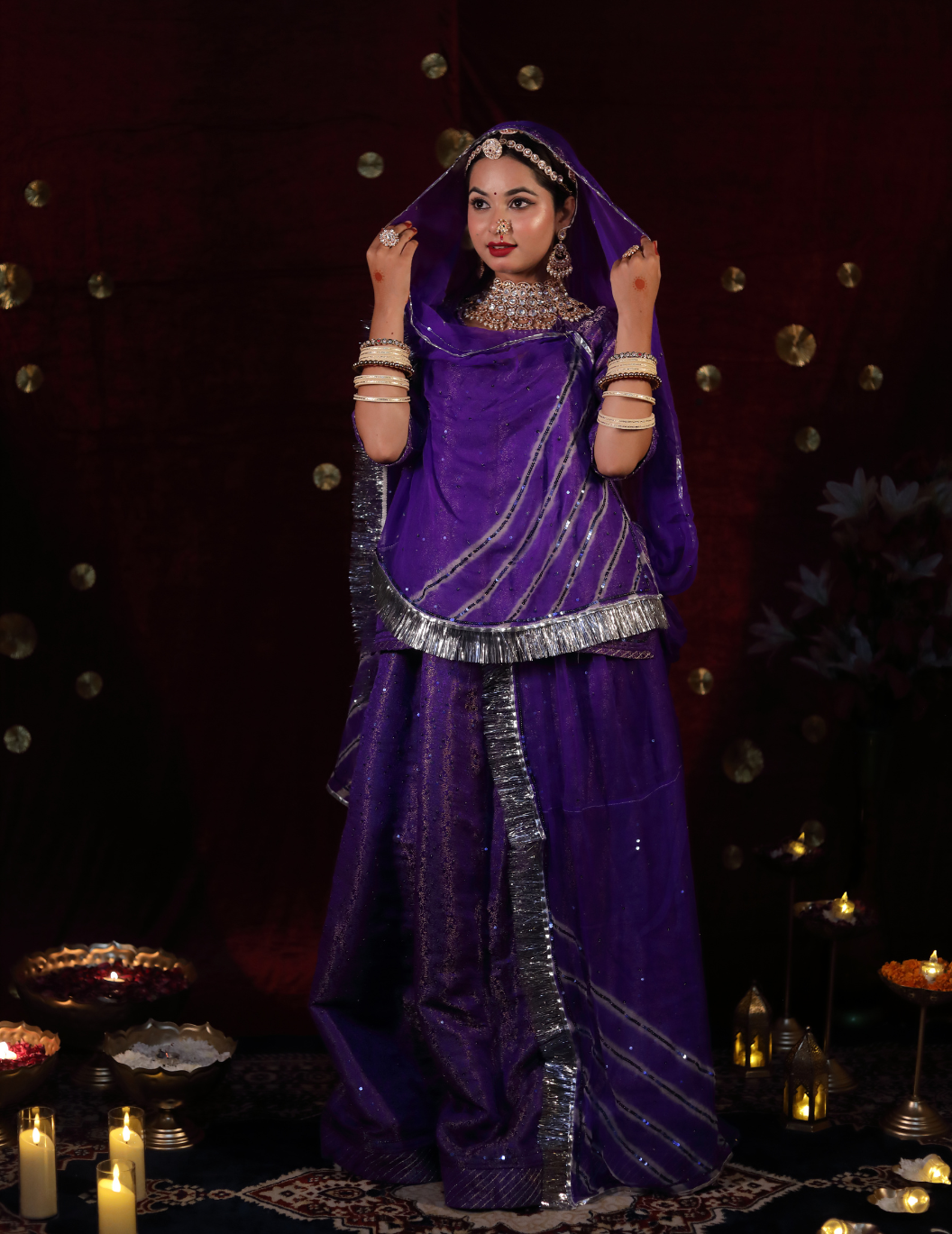 Lehr Banarasi silk in midnight purple ,handwork poshak with lehriya pure odhana.