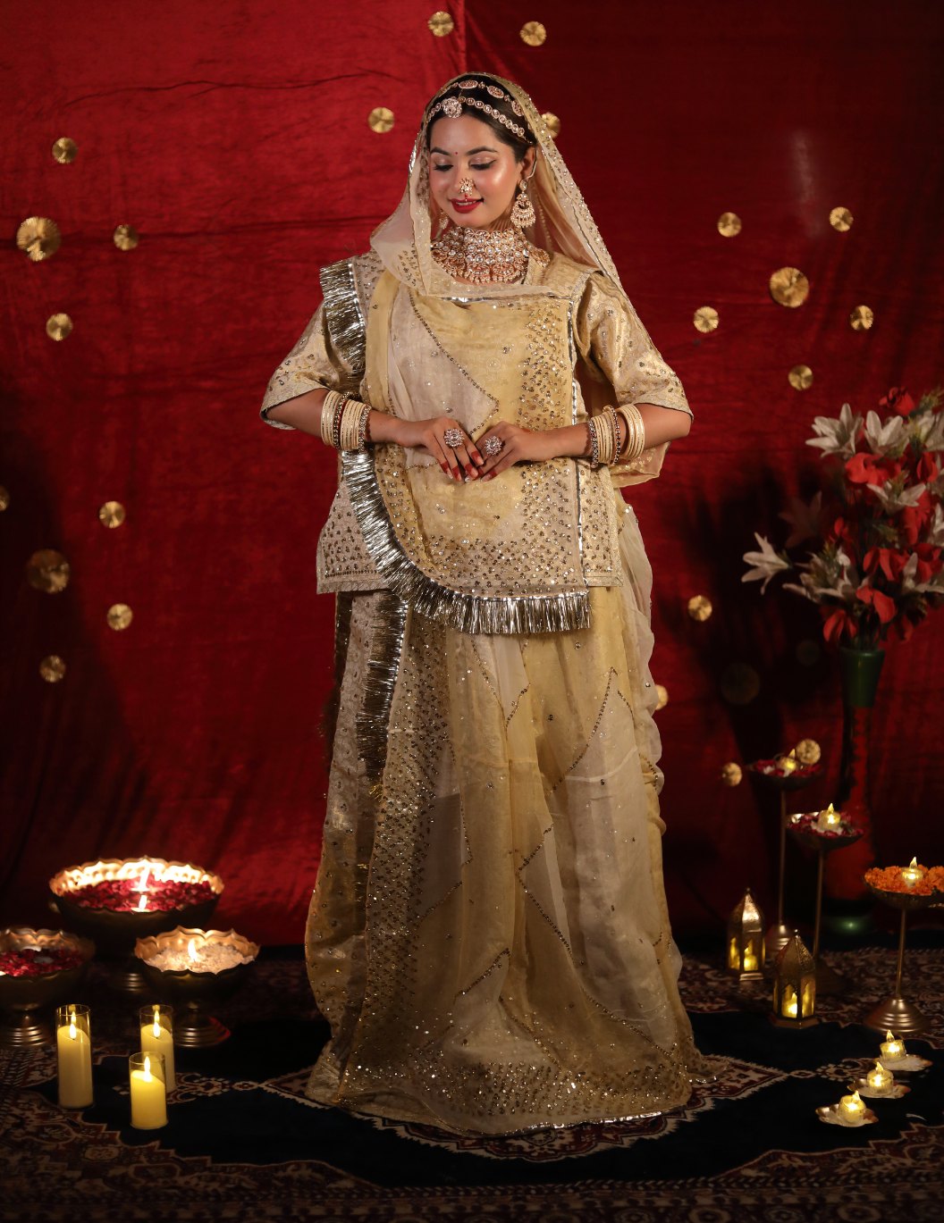 Sunehri Banarasi silk off white in golden touch,handwork Poshak with shaded pure odhana.