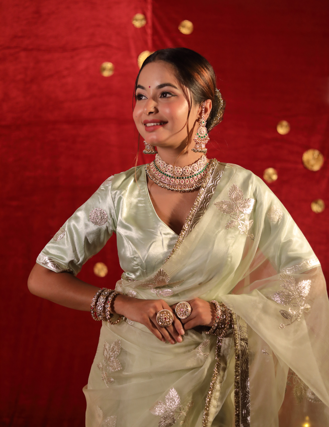 CHAND Soft organza in pastel green, handwork Saree.