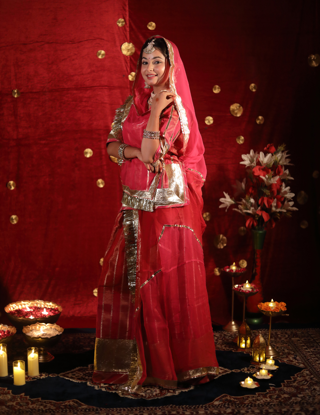 SAAJ Silk lining tissue in red and pink shade ,handwork poshak with shaded pure odhana.