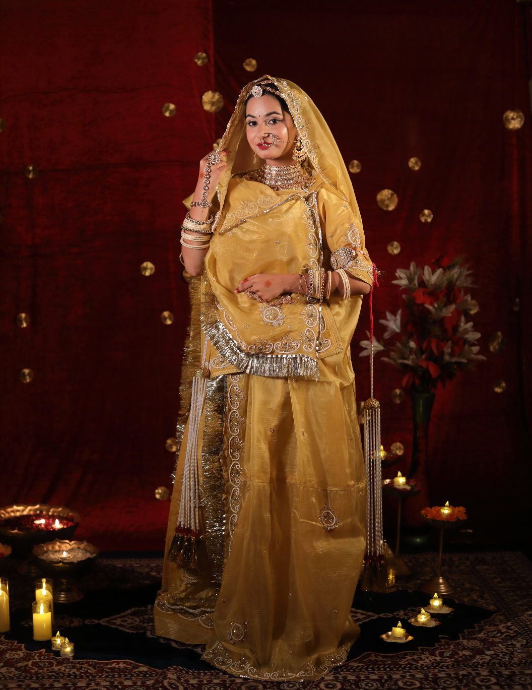 Ranisa Space silk tissue in yellow golden ,handwork poshak with space silk tissue odhana.