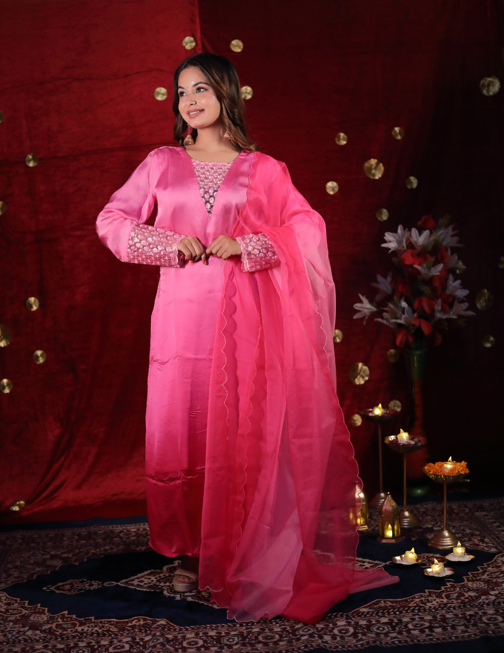 NAZAKAT Pink dual shade bamber satin suit set.