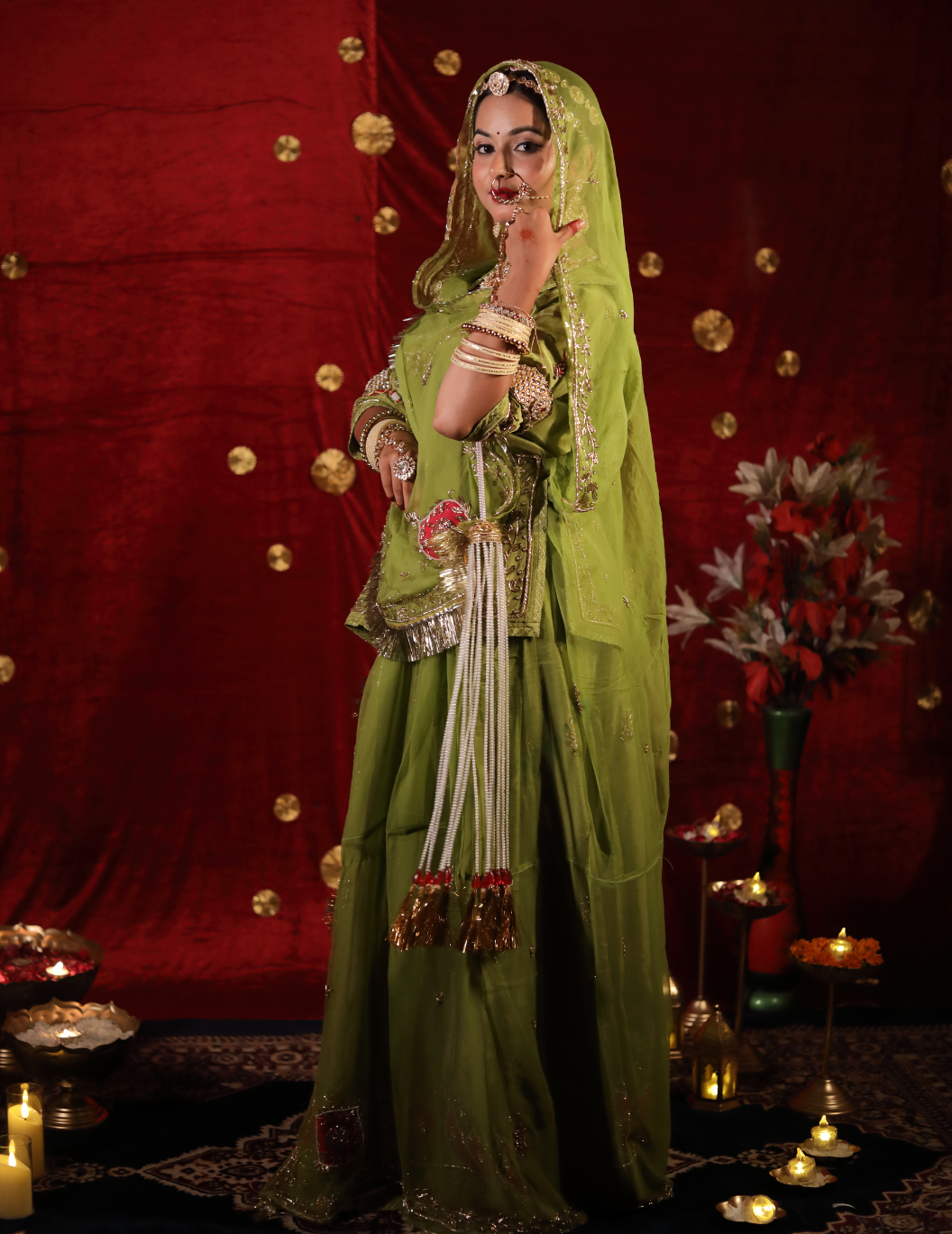 Chaap Natural crepe in pista green , handwork poshak with pure odhana.